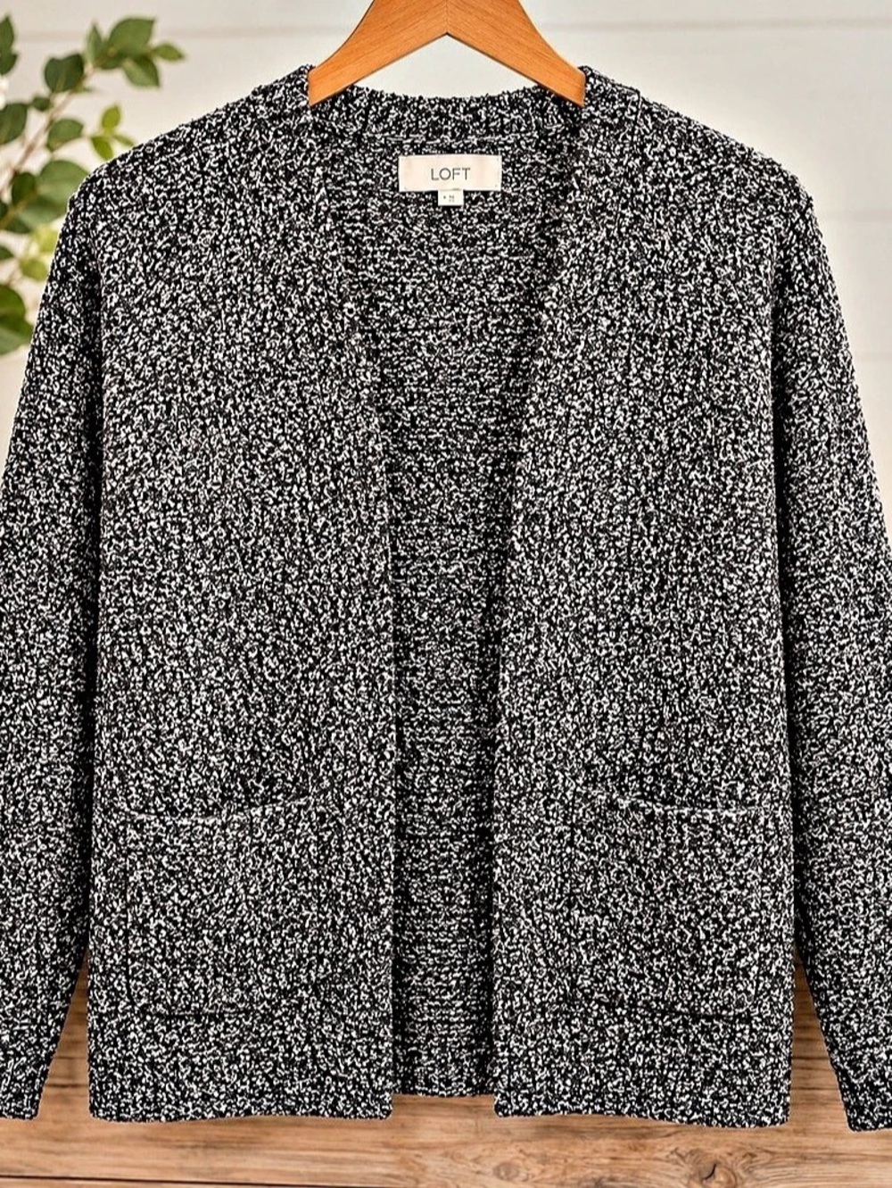 LOFT Textured Open Front Cardigan in Black & White Medium NWT